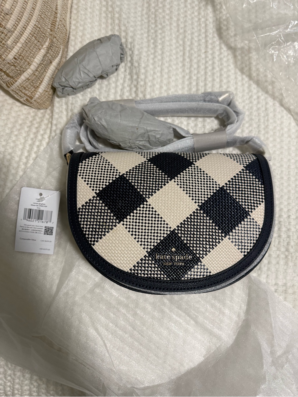 Nwt Kate Spade Luna Crescent Crossbody Gingham (Dark Navy And Cream)